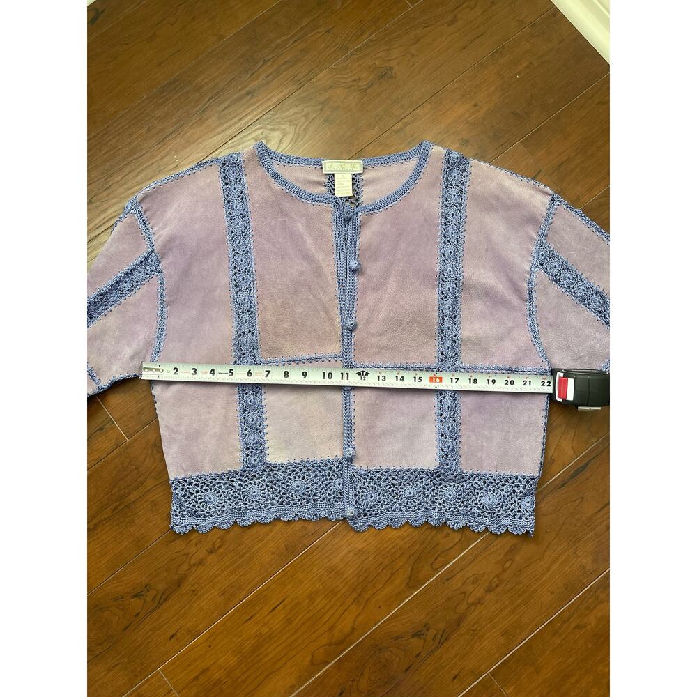 VNTG S.M.H Leather Purple Patchwork Floral Crochet Knit Button Up Jacket Sz XL - Picture 8 of 10